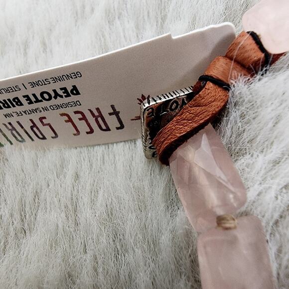 NEW Peyote Bird Free Spirit Chunky Rose Quartz Stone Leather Sterling Bracelet - Picture 7 of 9